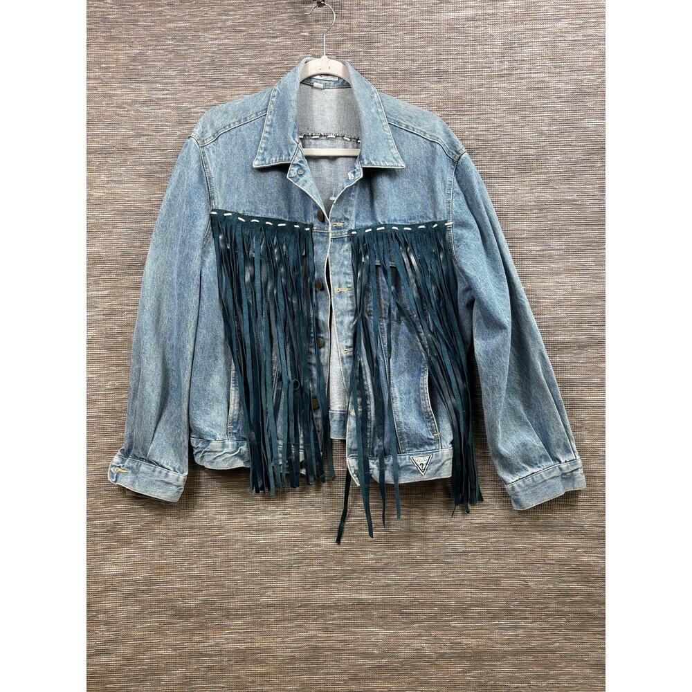 Vintage Guess Denim Jacket Mens XL Blue Fringe Western Biker Made In USA 80s